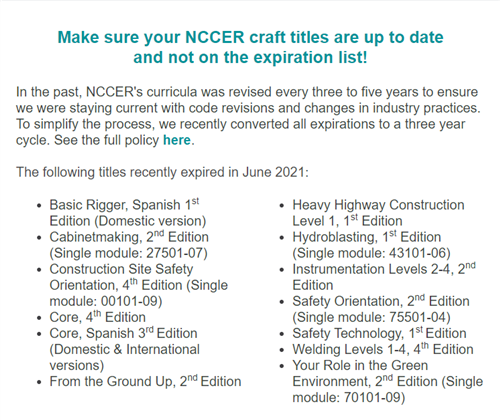 List of expired NCCER curriculum 